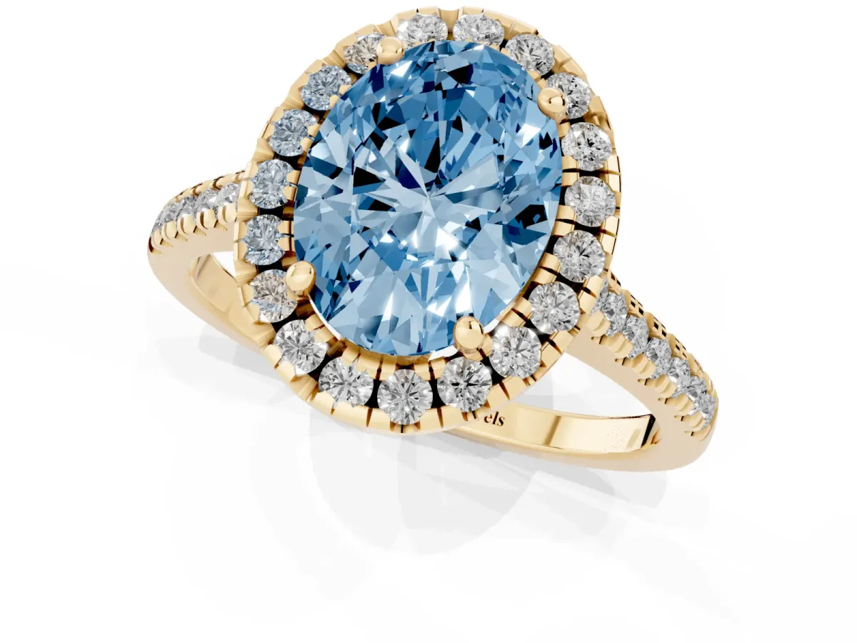 Fancy Blue Oval Cut Diamond Cushion Halo Ring with Pavé Band Yellow gold