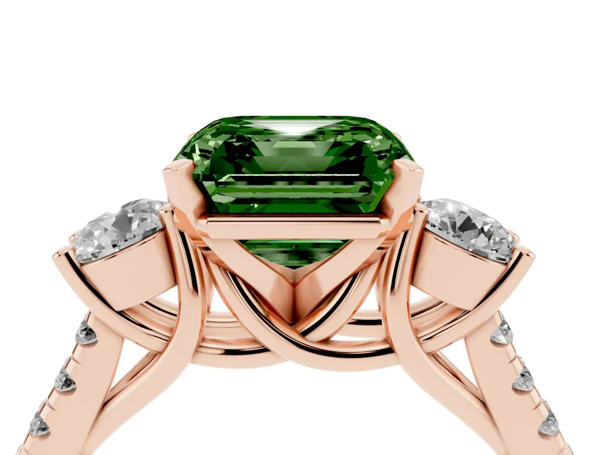 Fancy Green Three-Stone Asscher Cut Diamond Pavé Band with Four-Prong Setting Rose gold