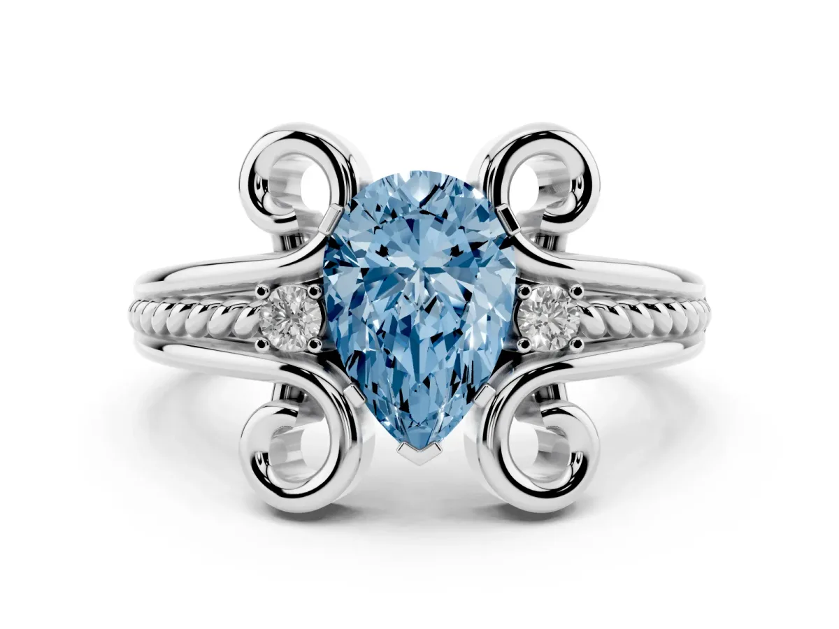 Fancy Blue Pear Cut Solitaire Twisted Band Scroll Prong Ring Platinum