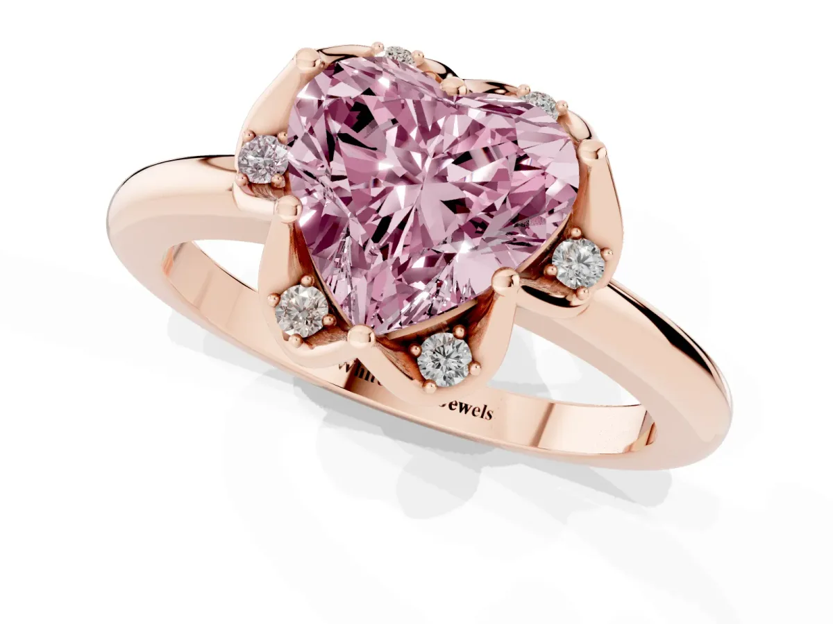 Fancy Pink Heart Cut Halo Diamond Ring with Round Cluster Setting, Solitaire Band, and Four-Prong Setting Rose gold