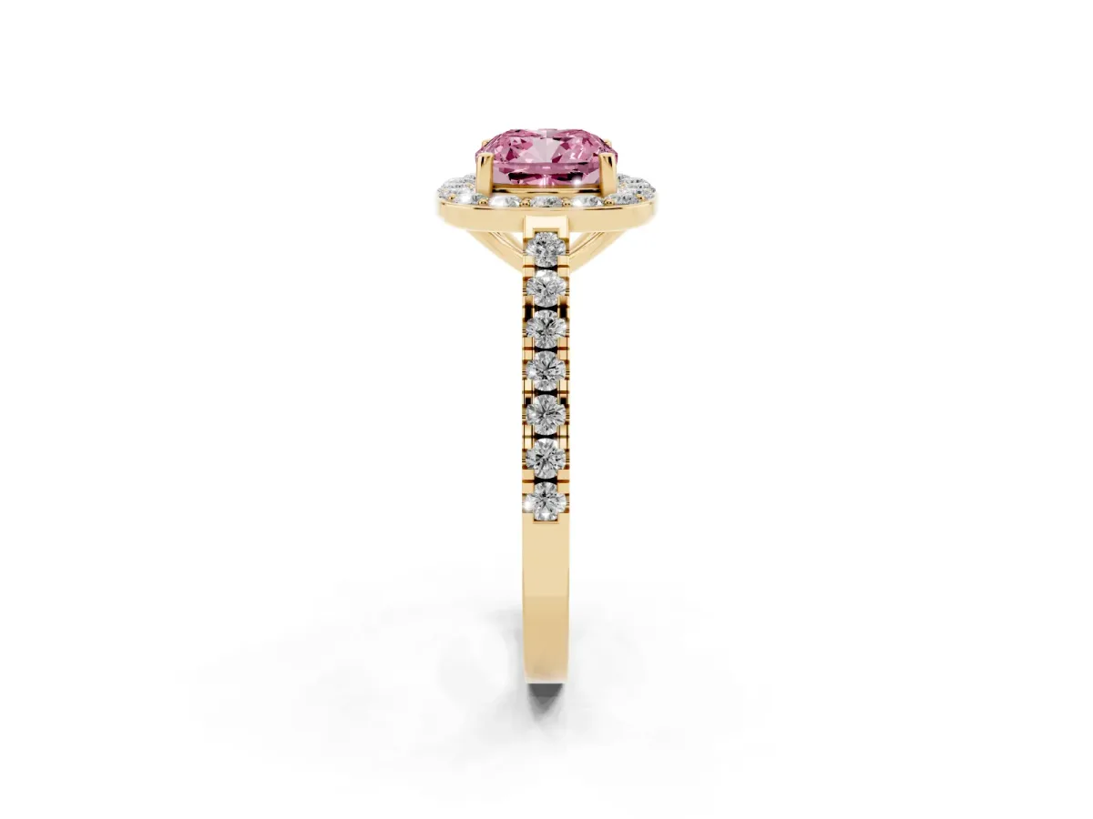 Fancy Pink Cushion Cut Diamond Halo Ring with Round Pavé Split Shank and Prong Setting Yellow gold
