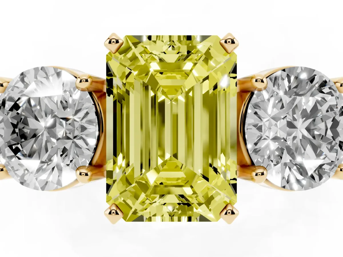 Fancy Yellow Three-Stone Emerald Cut Diamond Ring with Round Side Stones, Classic Band, and Four-Prong Setting Yellow gold