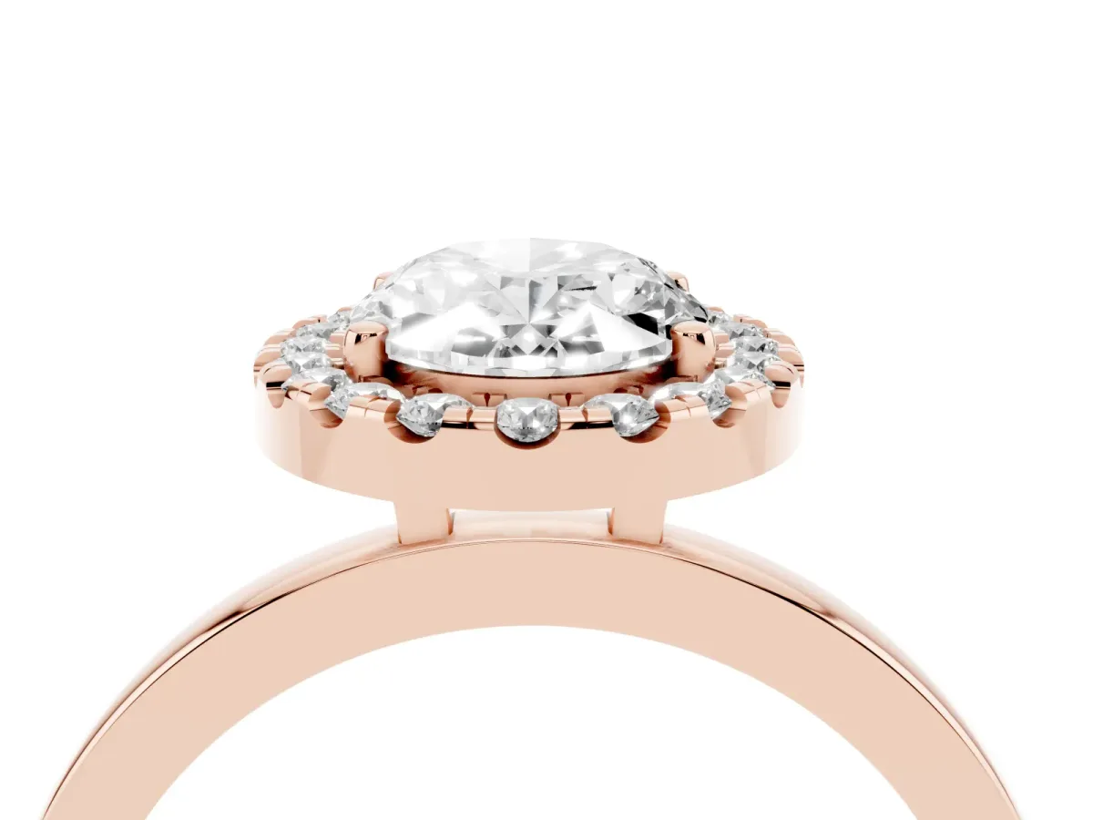 Oval Cut Halo Diamond Solitaire with Pavé Band and Four-Prong Setting Rose gold