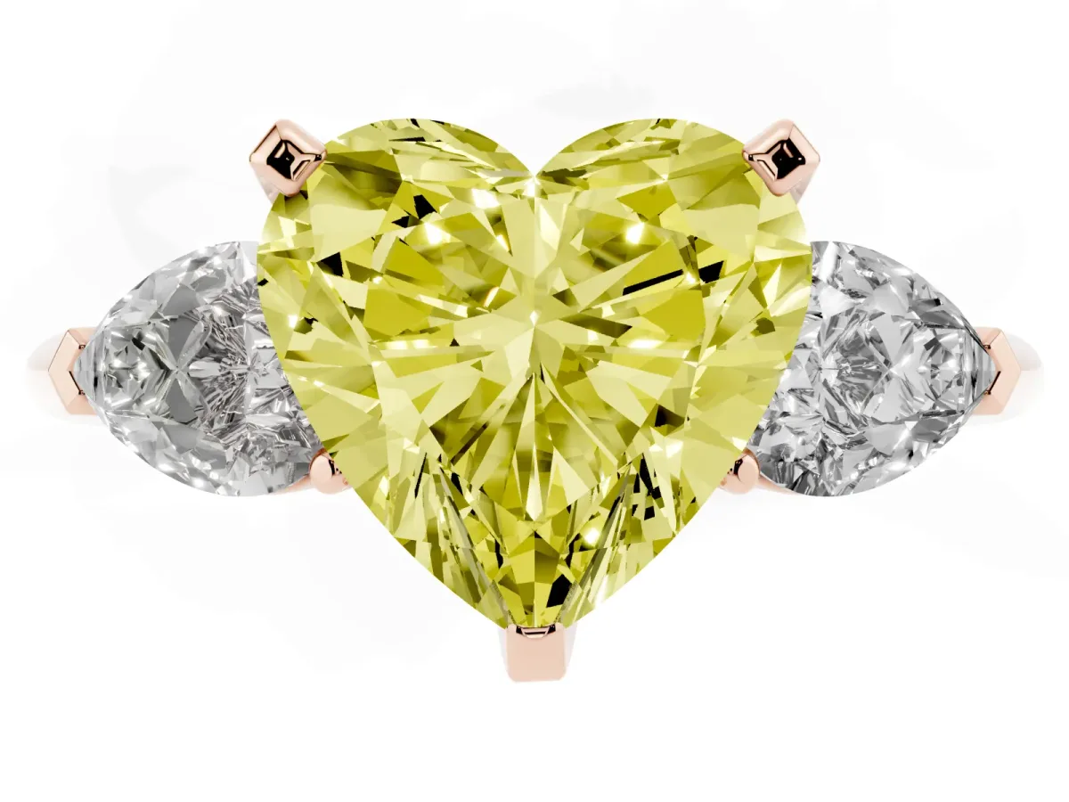 Fancy Yellow Three-Stone Heart Cut Diamond Ring with Pear Side Stones and Four-Prong Setting Rose gold