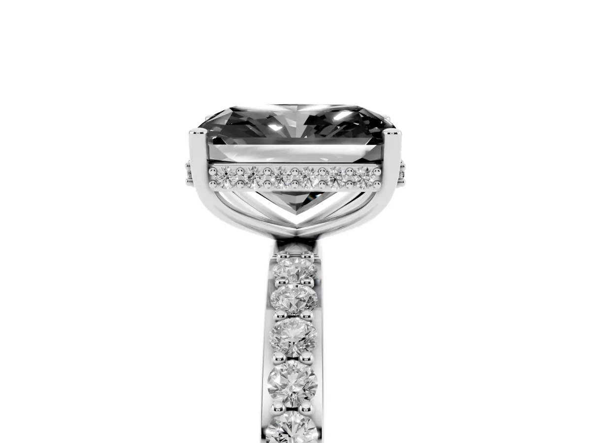 Fancy Black Radiant Cut Diamond Solitaire Ring with Pavé Band and Hidden Halo White gold