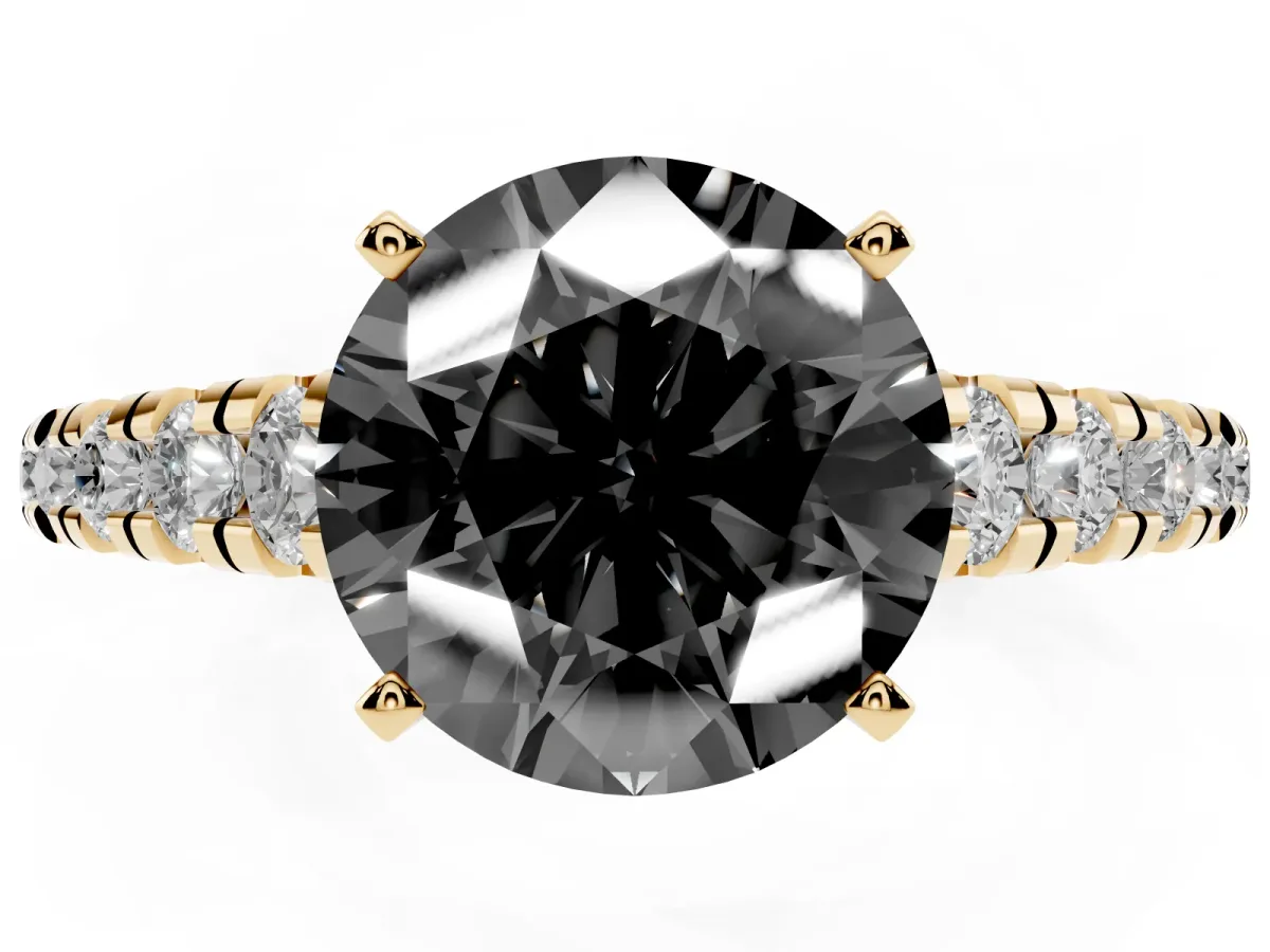 Fancy Black Round Cut Diamond Cathedral Solitaire Ring with Round Pavé Band Yellow gold