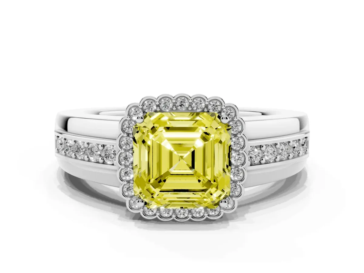 Fancy Yellow Asscher Cut Cut Halo Pave Band Four-Prong Ring Platinum