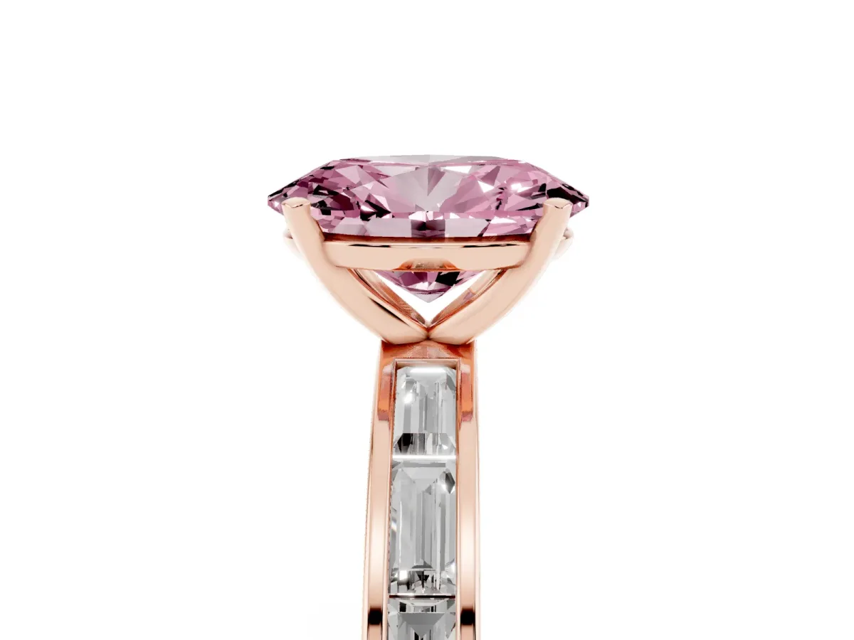 Fancy Pink Oval Cut Solitaire Diamond Ring with Channel-Set Baguette Band and Four-Prong Setting Rose gold