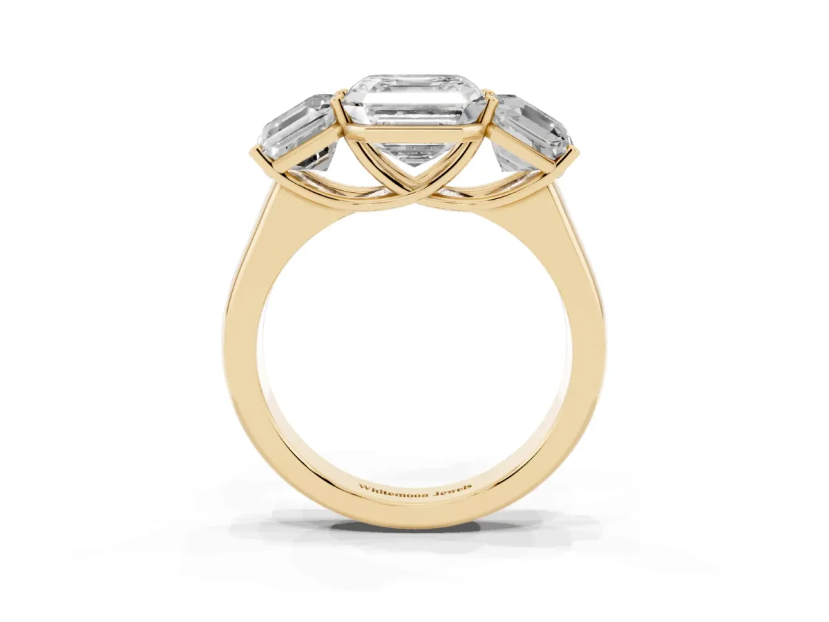 Asscher Cut Three-Stone Diamond Ring with Prong Setting on a Classic Band Yellow gold