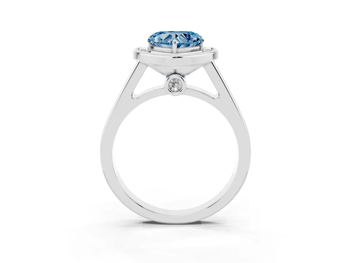 Fancy Blue Heart Cut Halo Solitaire Diamond Ring with Pave Band and Bezel Setting White gold