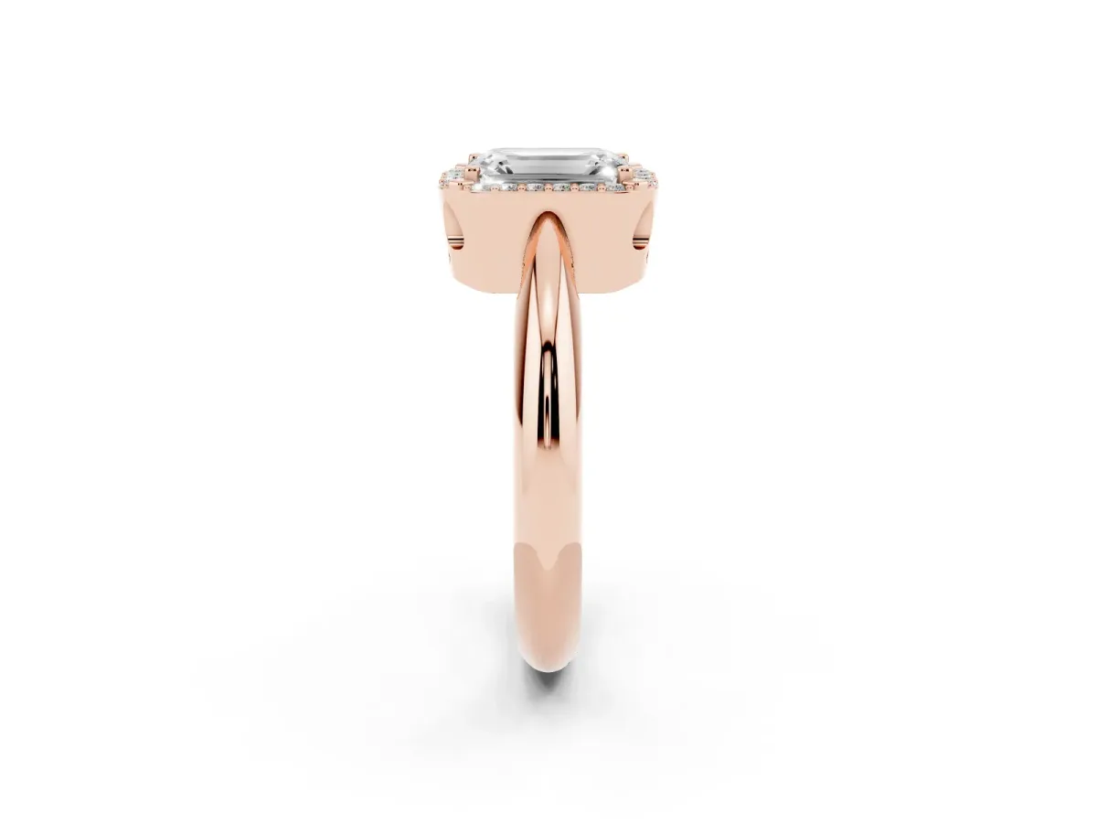 Emerald Cut Cut Diamond Halo Engagement Ring with Split Shank and Four-Prong Setting Rose gold
