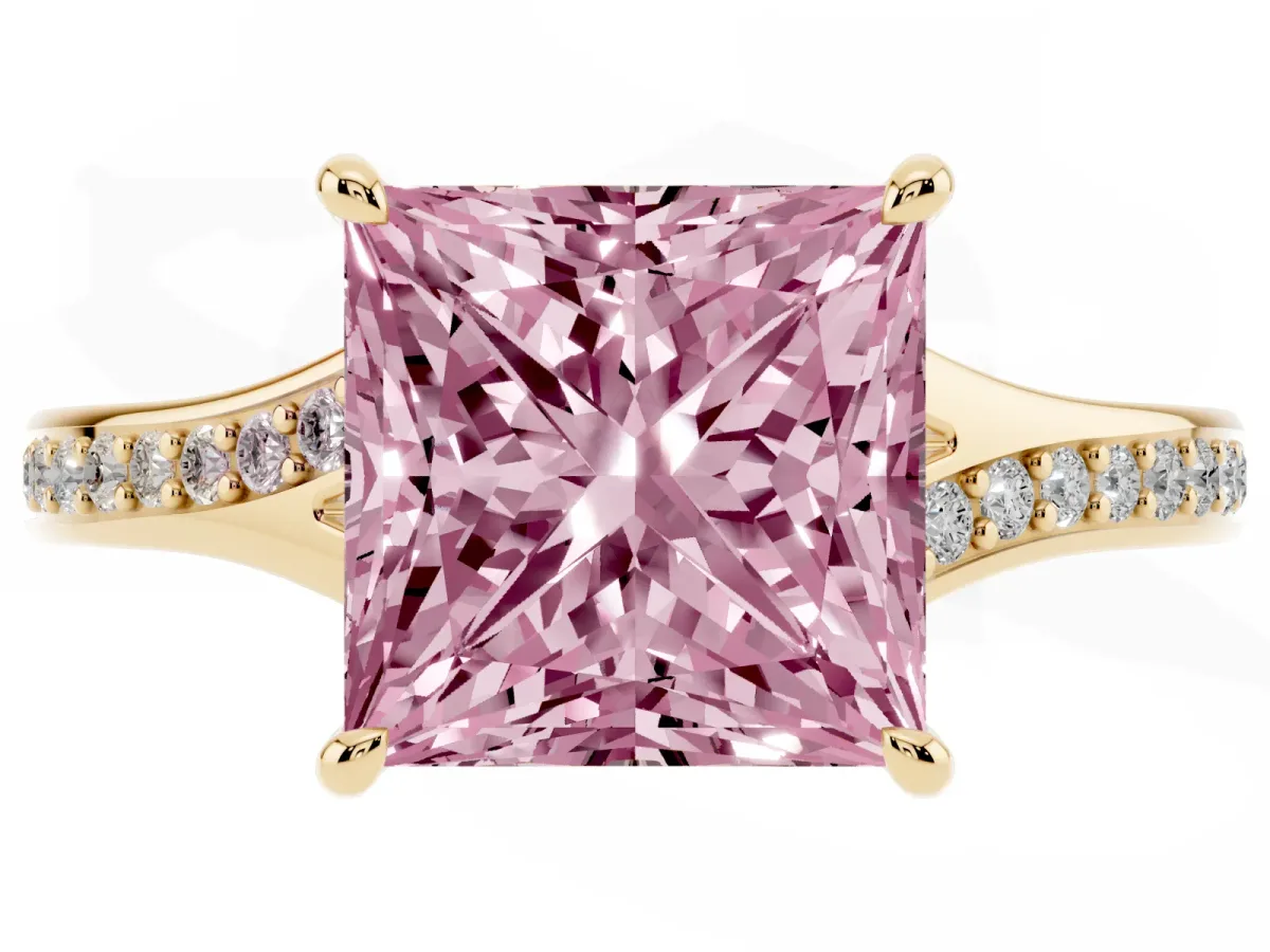 Fancy Pink Princess Cut Diamond Solitaire Ring with Pavé Band and Prong Setting Yellow gold