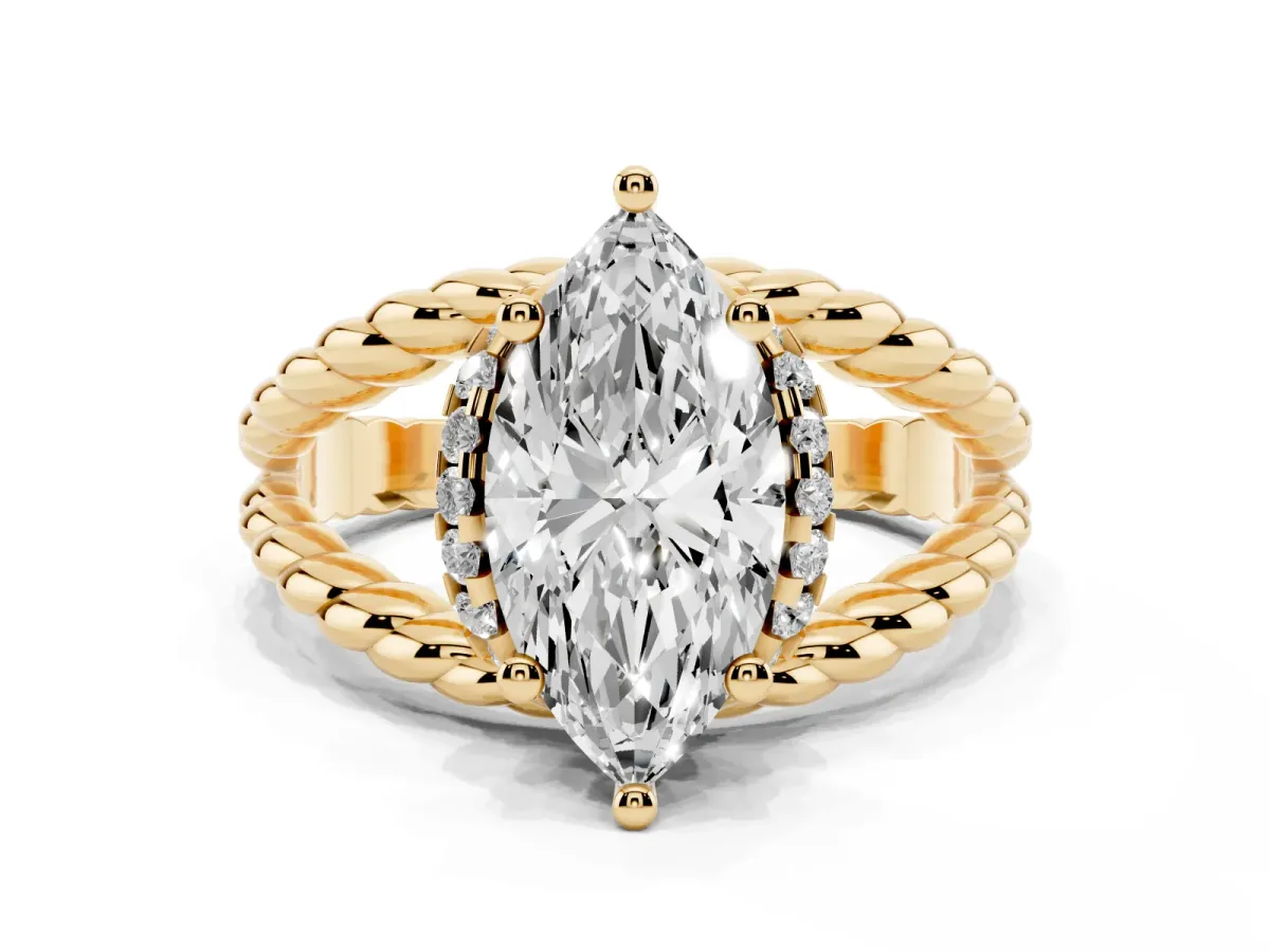Marquise Cut Halo Twisted Band Four-Prong Ring Yellow gold