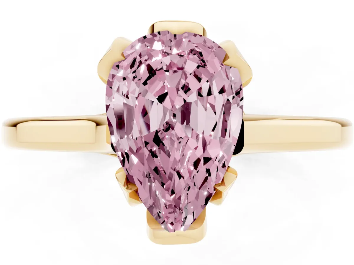 Fancy Pink Pear Cut Diamond Solitaire Ring with Flower Prong Setting and Classic Band Yellow gold