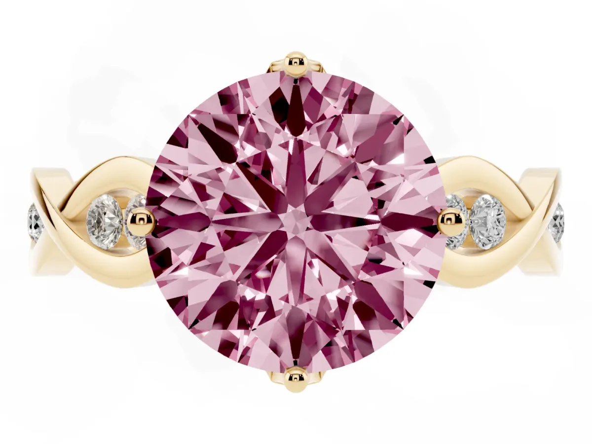Fancy Pink Round Cut Solitaire Twist Band with Leaf Prong Setting Yellow gold