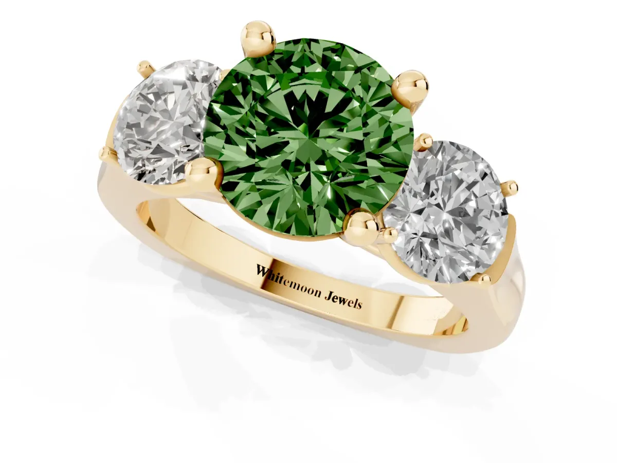 Fancy Green Three-Stone Round Cut Brilliant Diamond Trellis Ring with Comfort Fit Band Yellow gold