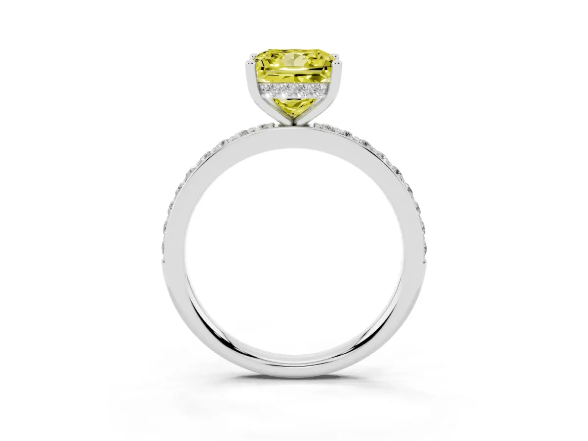 Fancy Yellow Princess Cut Cut Diamond Pavé Band Ring with Four-Prong Setting Silver