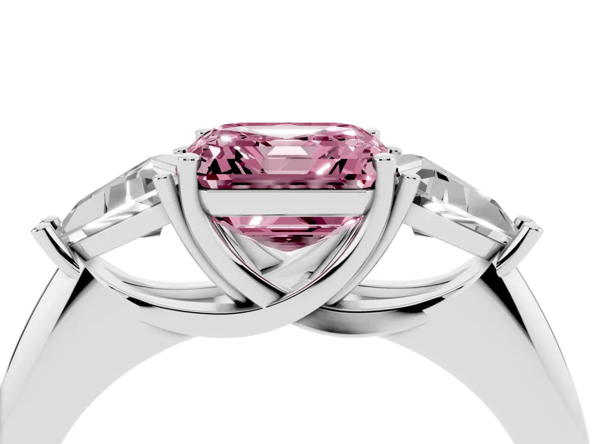 Fancy Pink Three-Stone Asscher Cut Diamond Engagement Ring with Trillion Side Stones and Prong Setting Silver