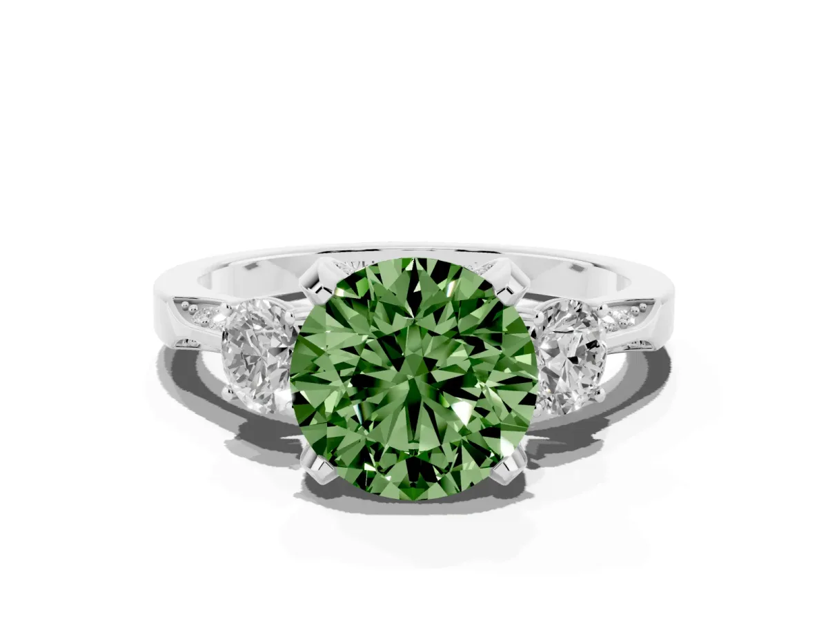 Fancy Green Round Cut Brilliant Three-Stone Diamond Ring with Pavé Band and Four-Prong Setting White gold