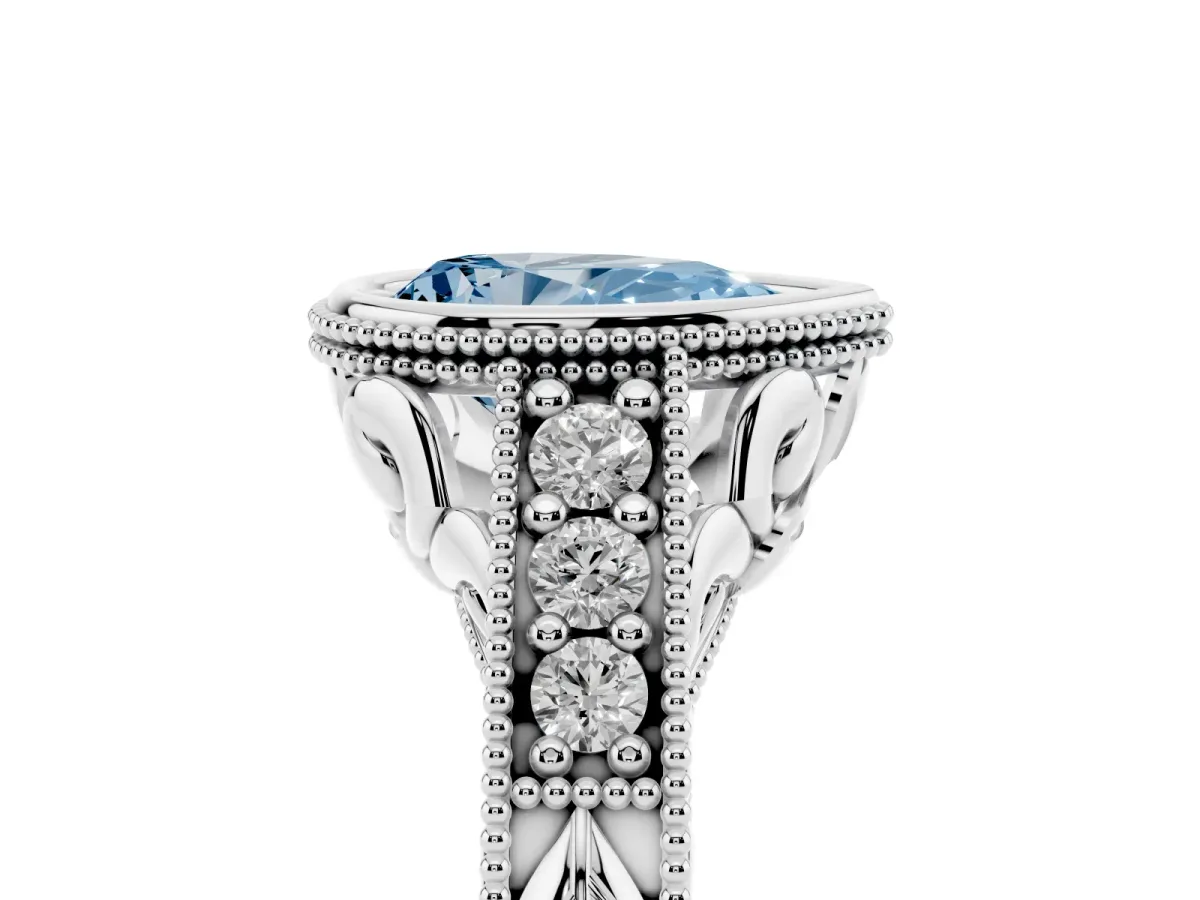 Fancy Blue Bezel Set Pear Cut Diamond Milgrain Pave Engagement Ring White gold