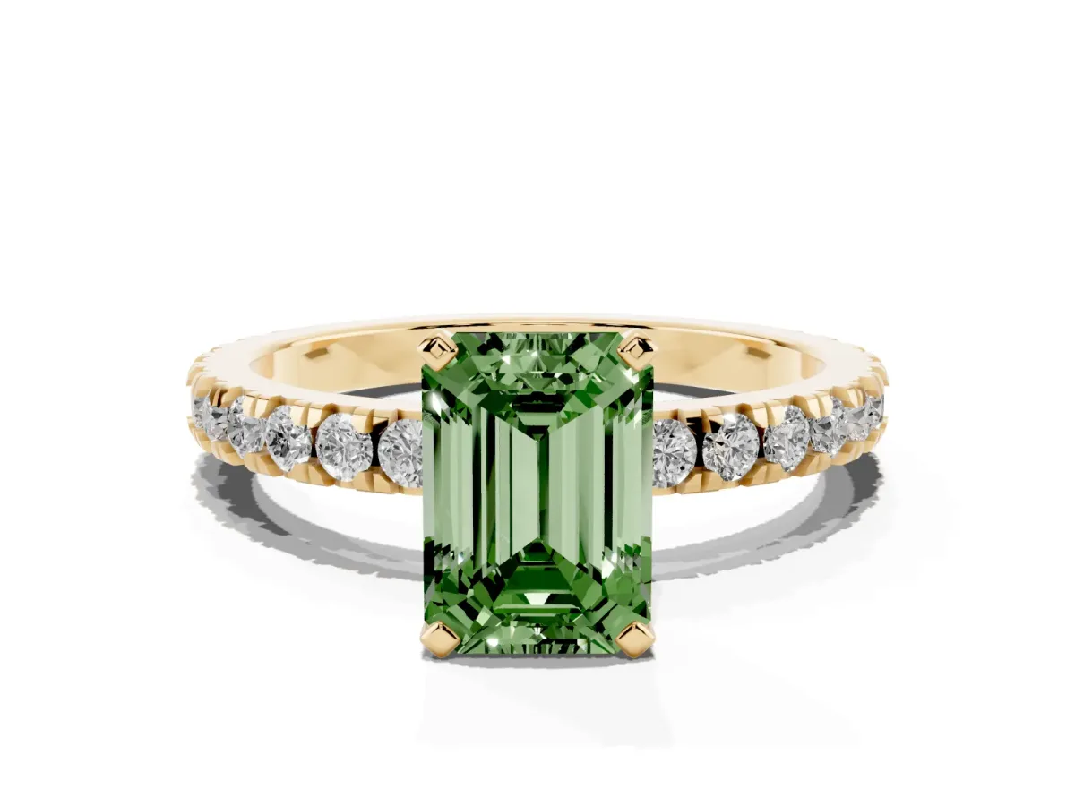 Fancy Green Emerald Cut Diamond Pavé Band Solitaire with Four-Prong Setting Yellow gold