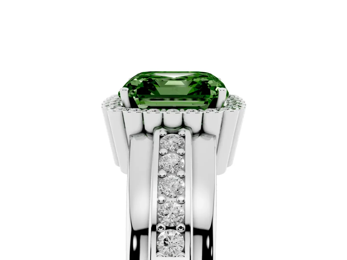 Fancy Green Asscher Cut Cut Halo Pave Band Four-Prong Ring Platinum