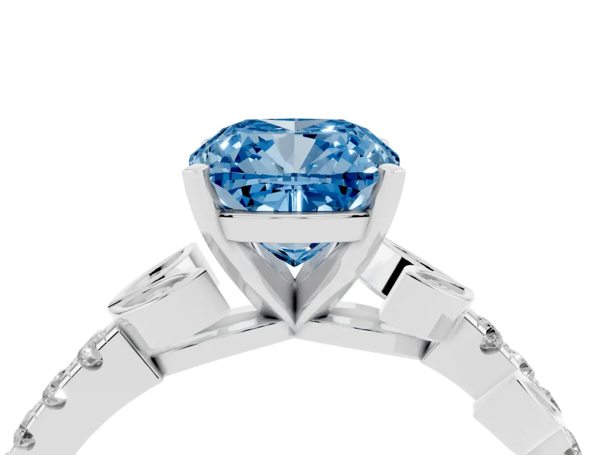 Fancy Blue Cushion Cut Solitaire Leaf-Inspired Diamond Ring with Pavé Band and Four-Prong Setting Silver