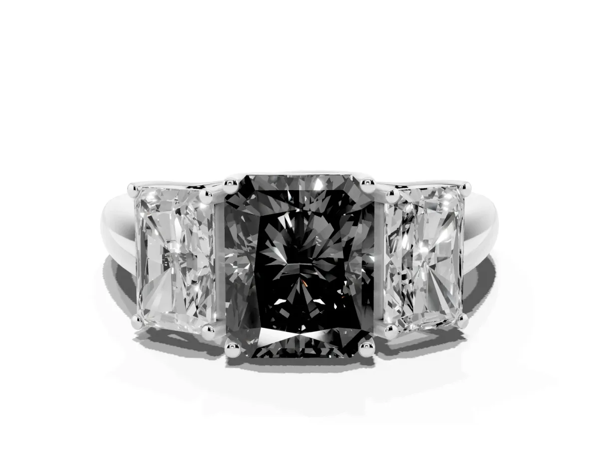 Fancy Black Three-Stone Radiant Cut Diamond Engagement Ring with Prong Setting Silver