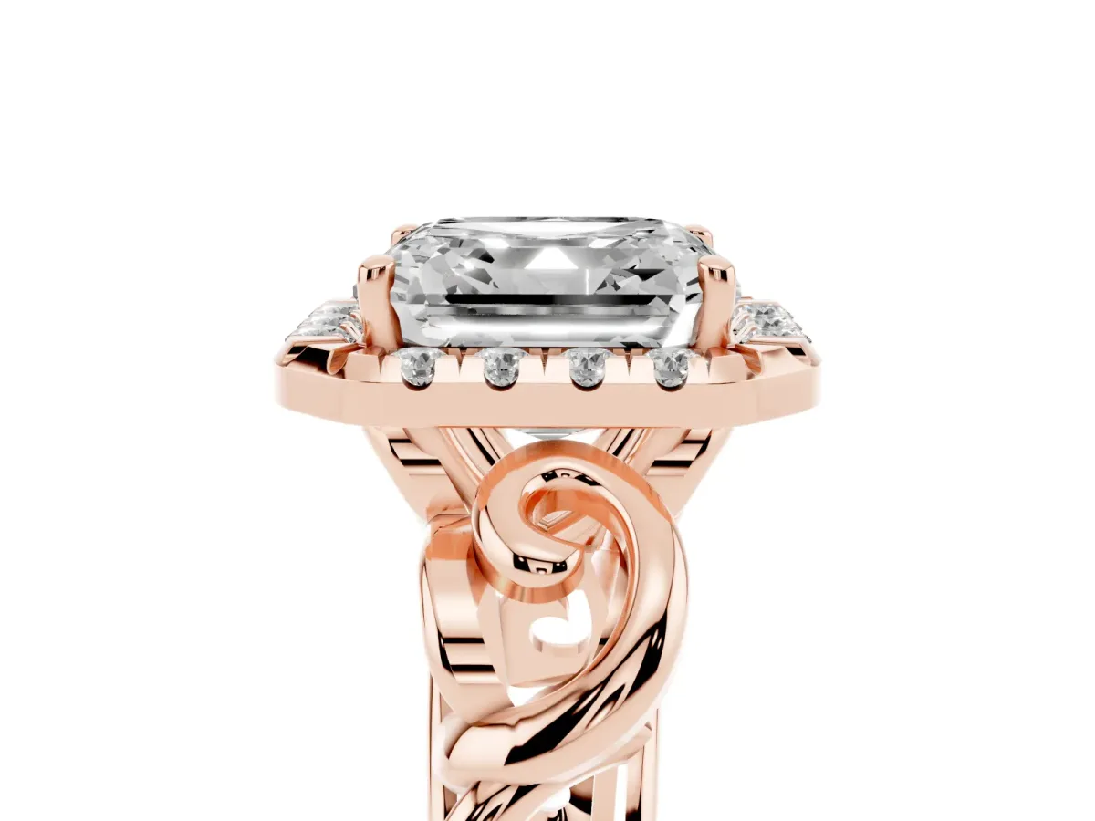 Asscher Cut Cut Halo Diamond Ring with Scrollwork Band and Four-Prong Setting Rose gold