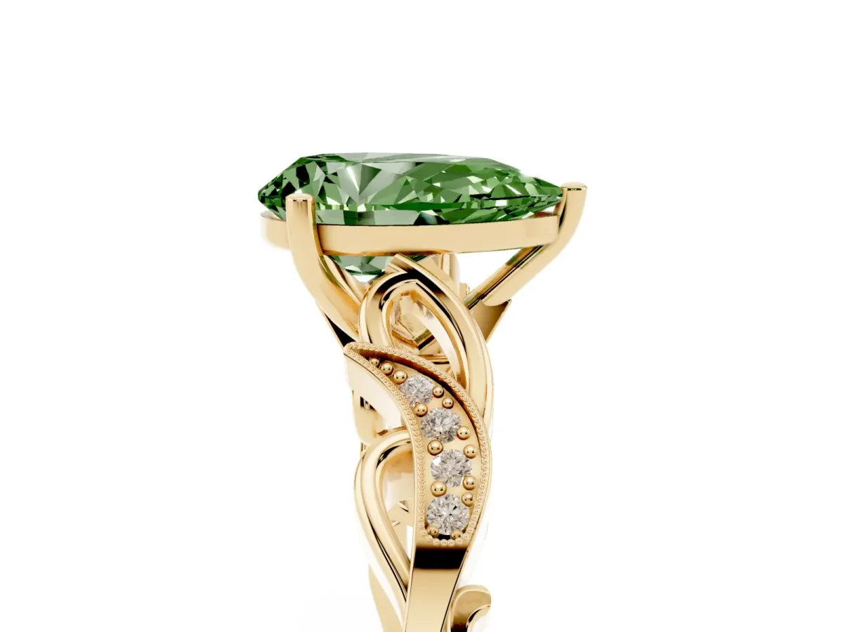 Fancy Green Pear Cut Solitaire Vine Band with Milgrain Prong Setting Yellow gold