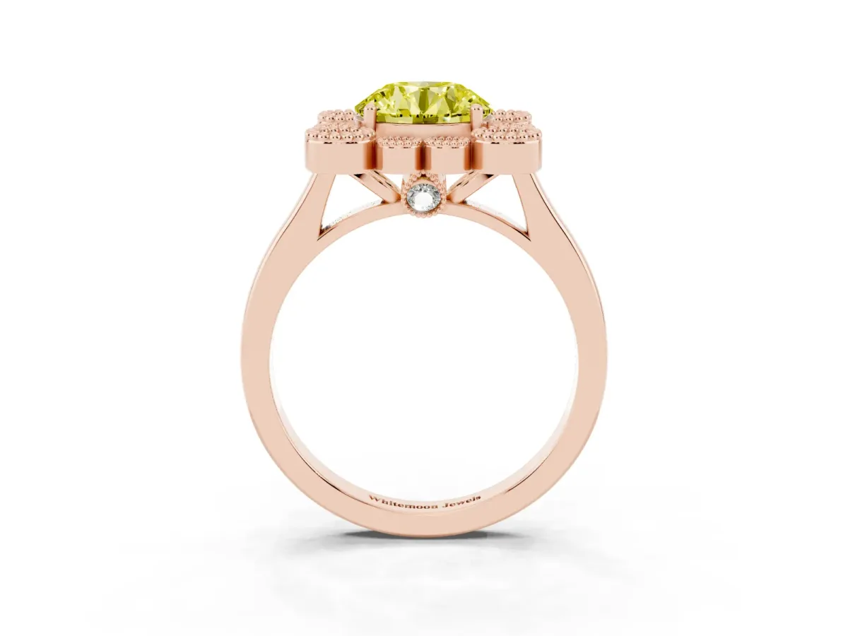 Fancy Yellow Round Cut Halo Diamond Cluster Engagement Ring with Milgrain Bezel Setting and Solitaire Band Rose gold