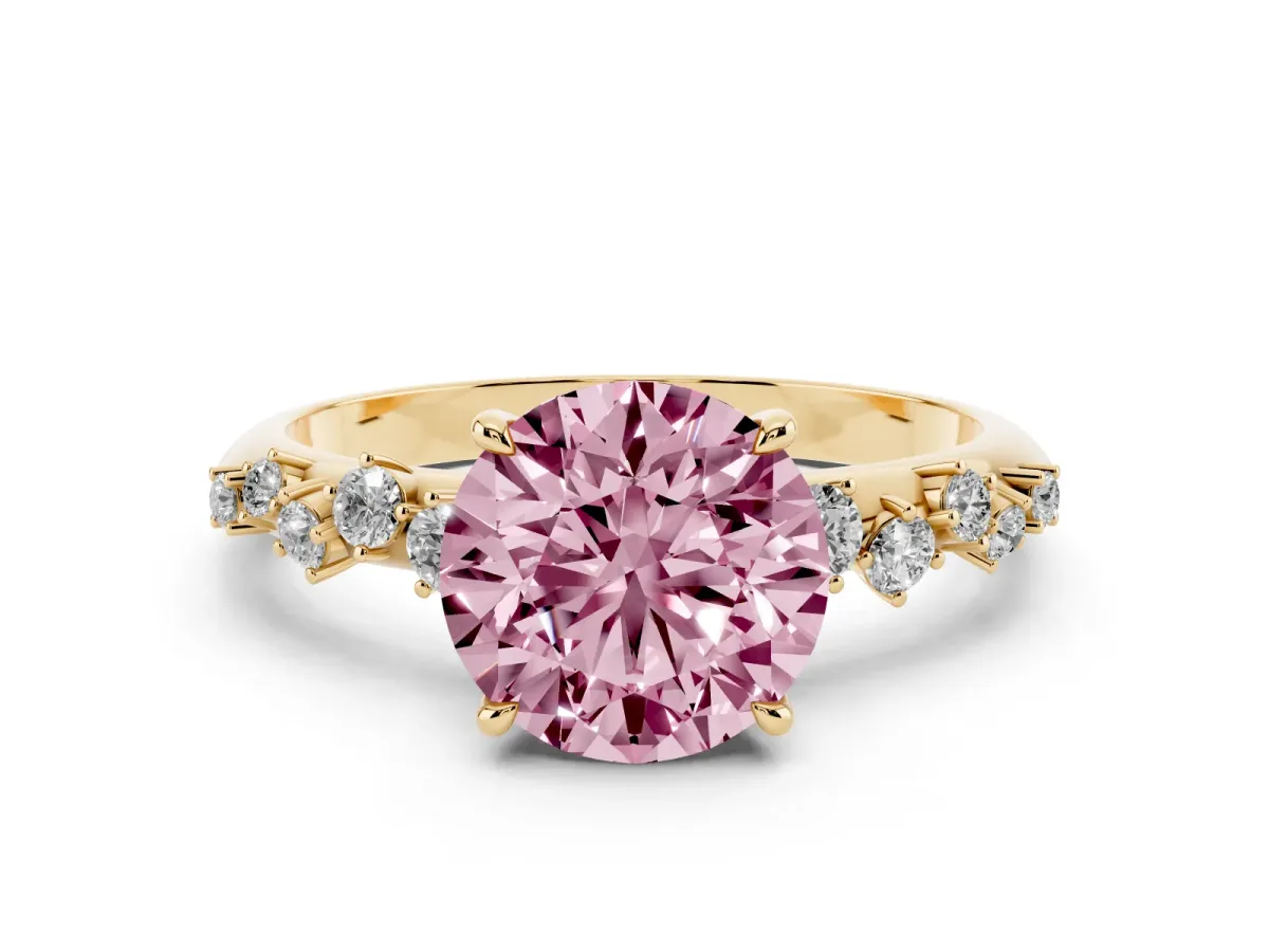 Fancy Pink Round Cut Diamond Cluster Side Stone Solitaire Ring with Prong Setting Yellow gold