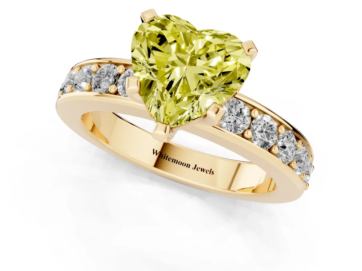Fancy Yellow Heart Cut Diamond Engagement Ring with Channel Set Round Band and Prong Setting Yellow gold