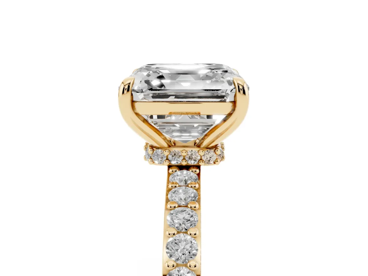 Asscher Cut Diamond Solitaire Engagement Ring with Pavé Band and Four-Prong Setting Yellow gold