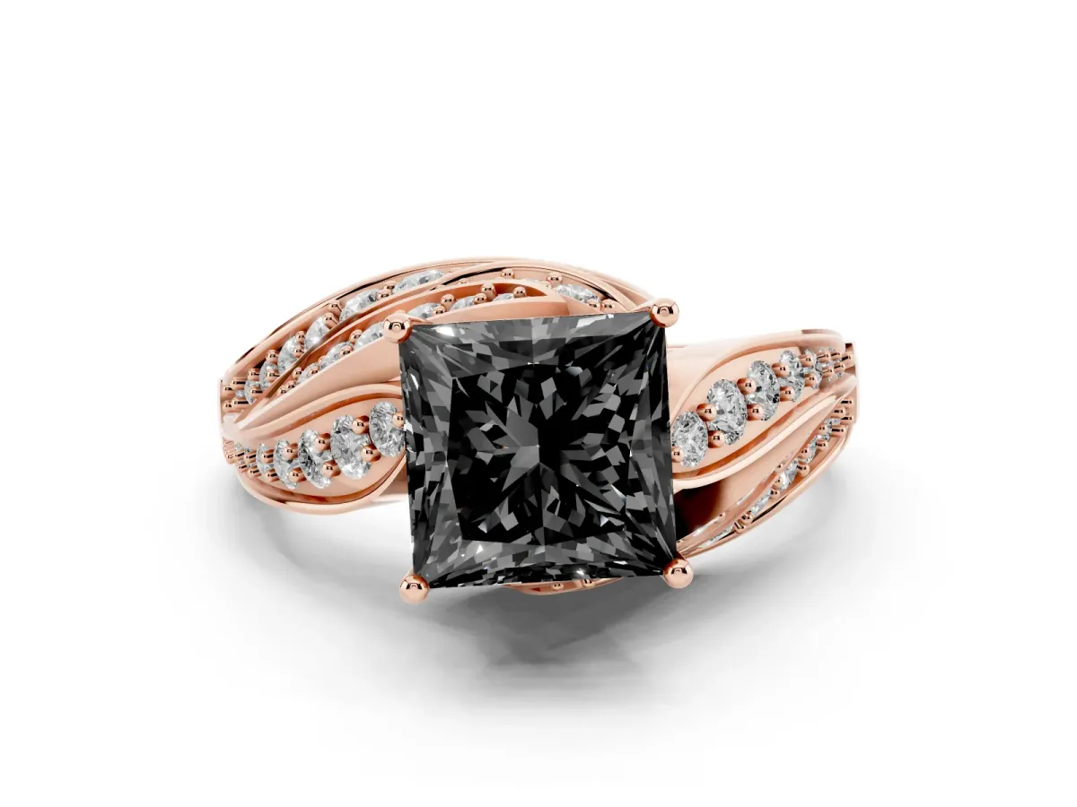 Fancy Black Princess Cut Diamond Solitaire Ring with Prong Setting and Twisted Pavé Band Rose gold