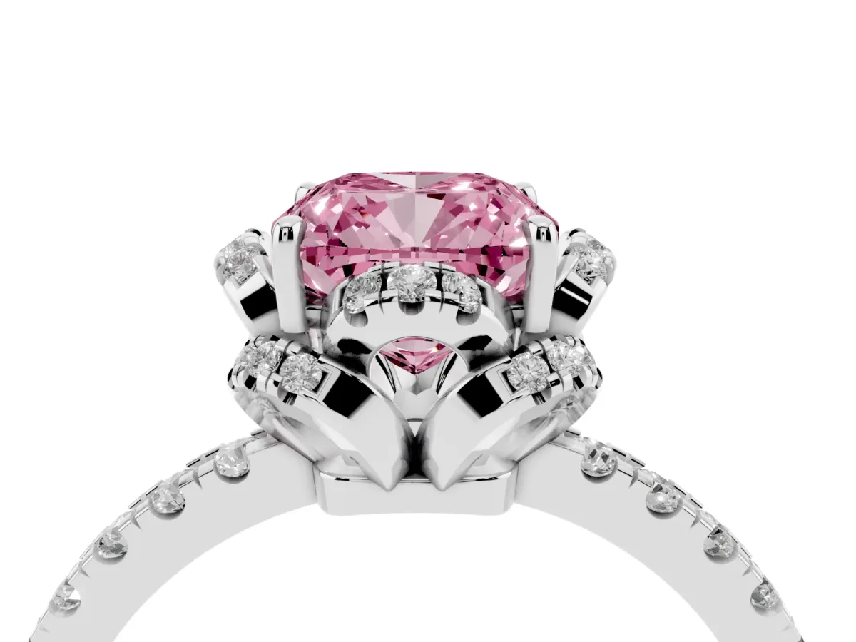 Fancy Pink Cushion Cut Halo Diamond Pave Band Ring with Four-Prong Setting Silver