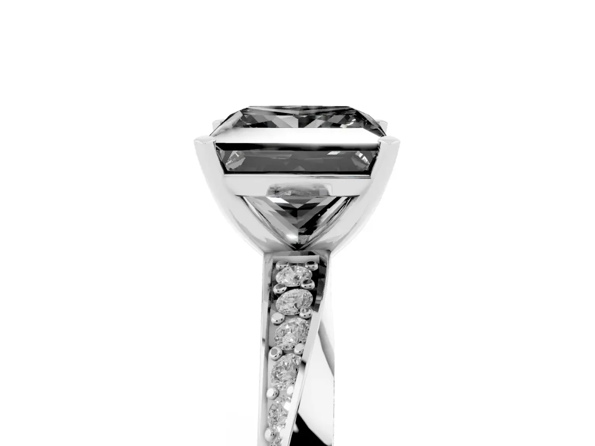 Fancy Black Princess Cut Diamond Engagement Ring with Side Stone Accents and Four-Prong Setting Silver