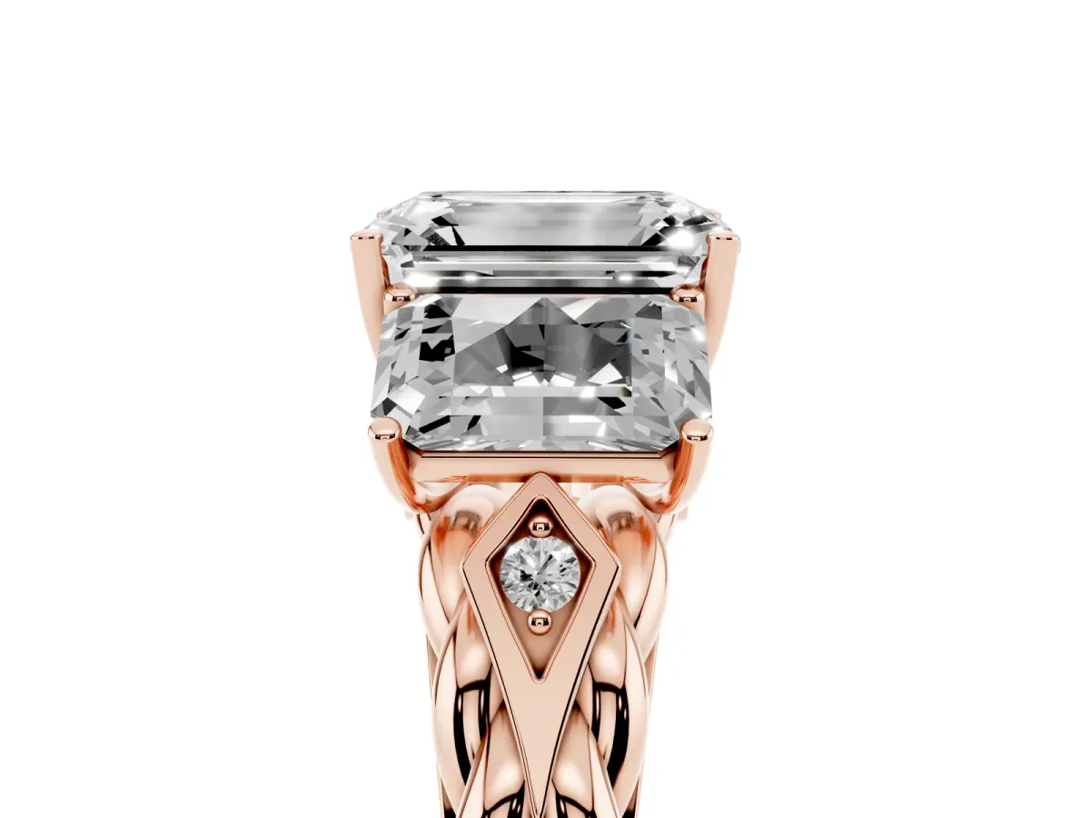 Three-Stone Emerald Cut Diamond Braided Band Ring with Four-Prong Setting Rose gold