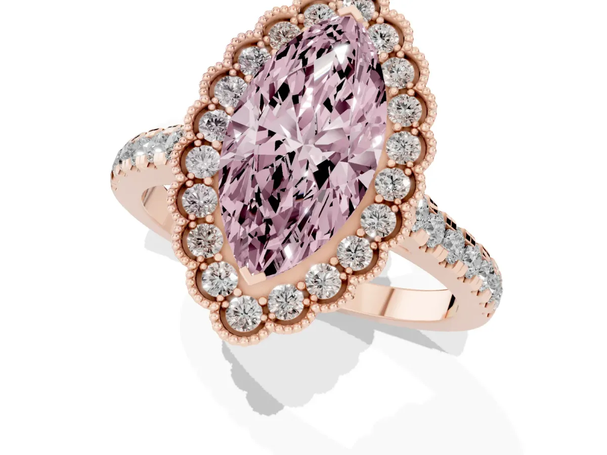 Fancy Pink Marquise Cut Cut Diamond Milgrain Floral Halo Engagement Ring with Pavé Band Rose gold
