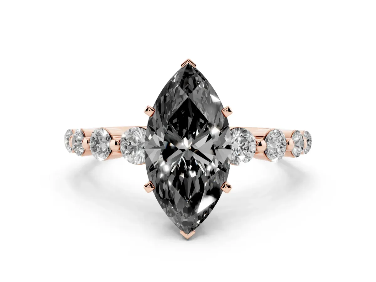 Fancy Black Marquise Cut Solitaire Diamond Ring with Pave Band and Four-Prong Setting Rose gold