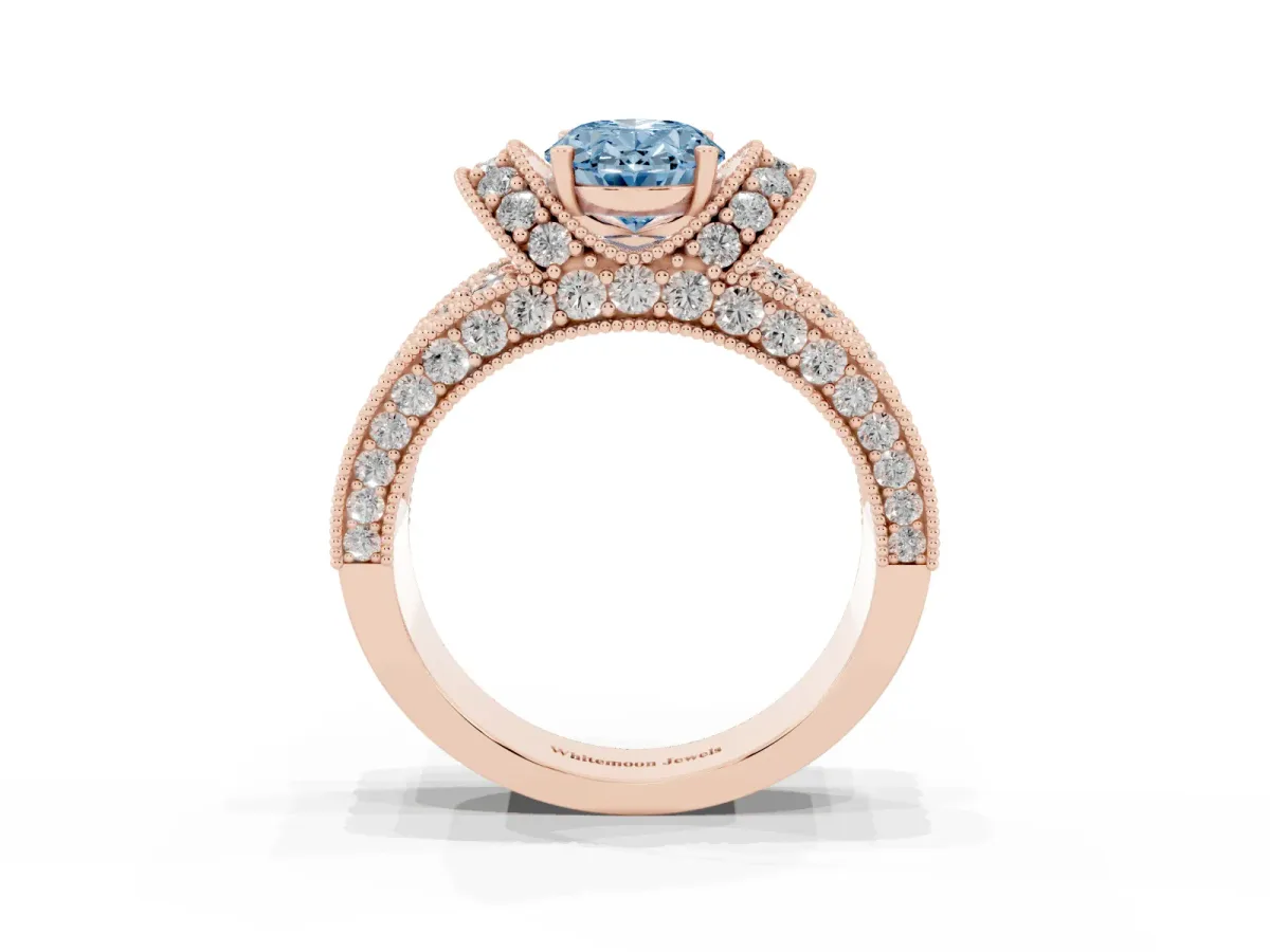Fancy Blue Oval Cut Halo Pave Diamond Engagement Ring with Milgrain Detailing Rose gold