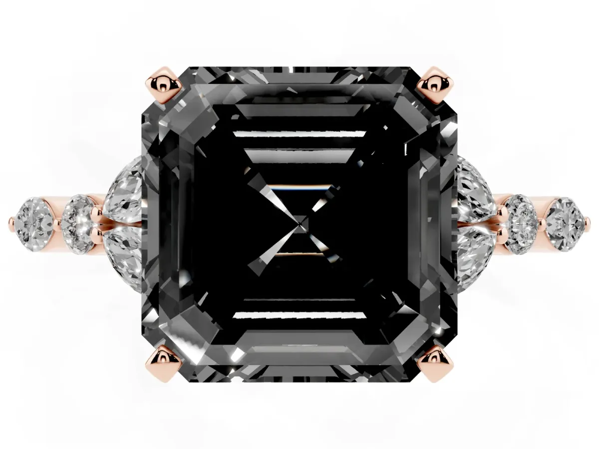 Fancy Black Asscher Cut Diamond Solitaire Ring with Side Stones and Four-Prong Setting Rose gold