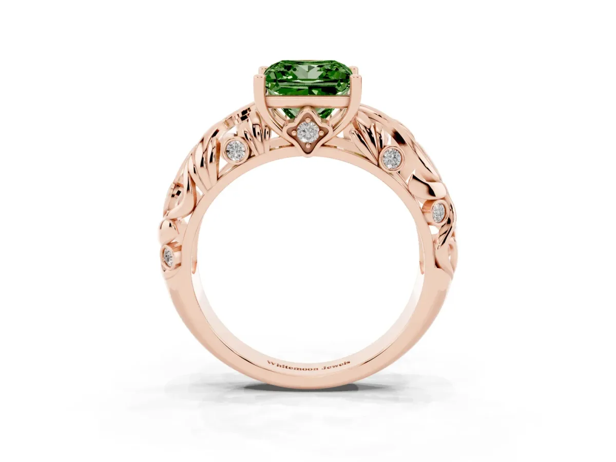 Fancy Green Princess Cut Solitaire Diamond Leaf-Inspired Vine Band Ring with Prong Setting Rose gold