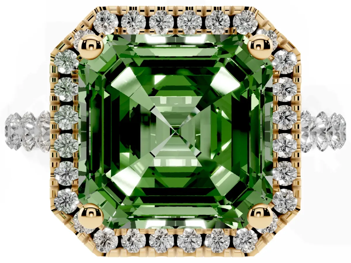 Fancy Green Asscher Cut Halo Pavé Diamond Engagement Ring with Four-Prong Setting Yellow gold