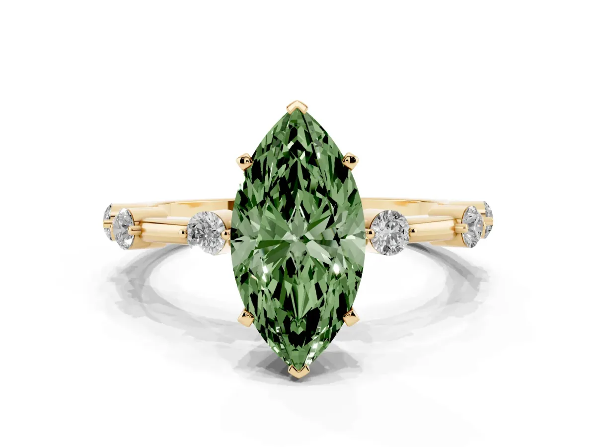 Fancy Green Marquise Cut Solitaire Diamond Ring with Bezel Set Side Stones and Prong Setting Yellow gold