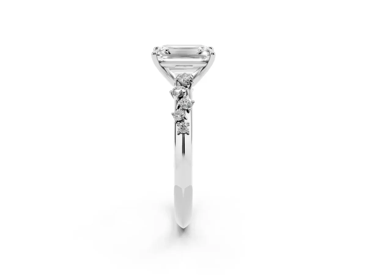 Emerald Cut Diamond Cluster Side Stone Solitaire Ring with Prong Setting Platinum