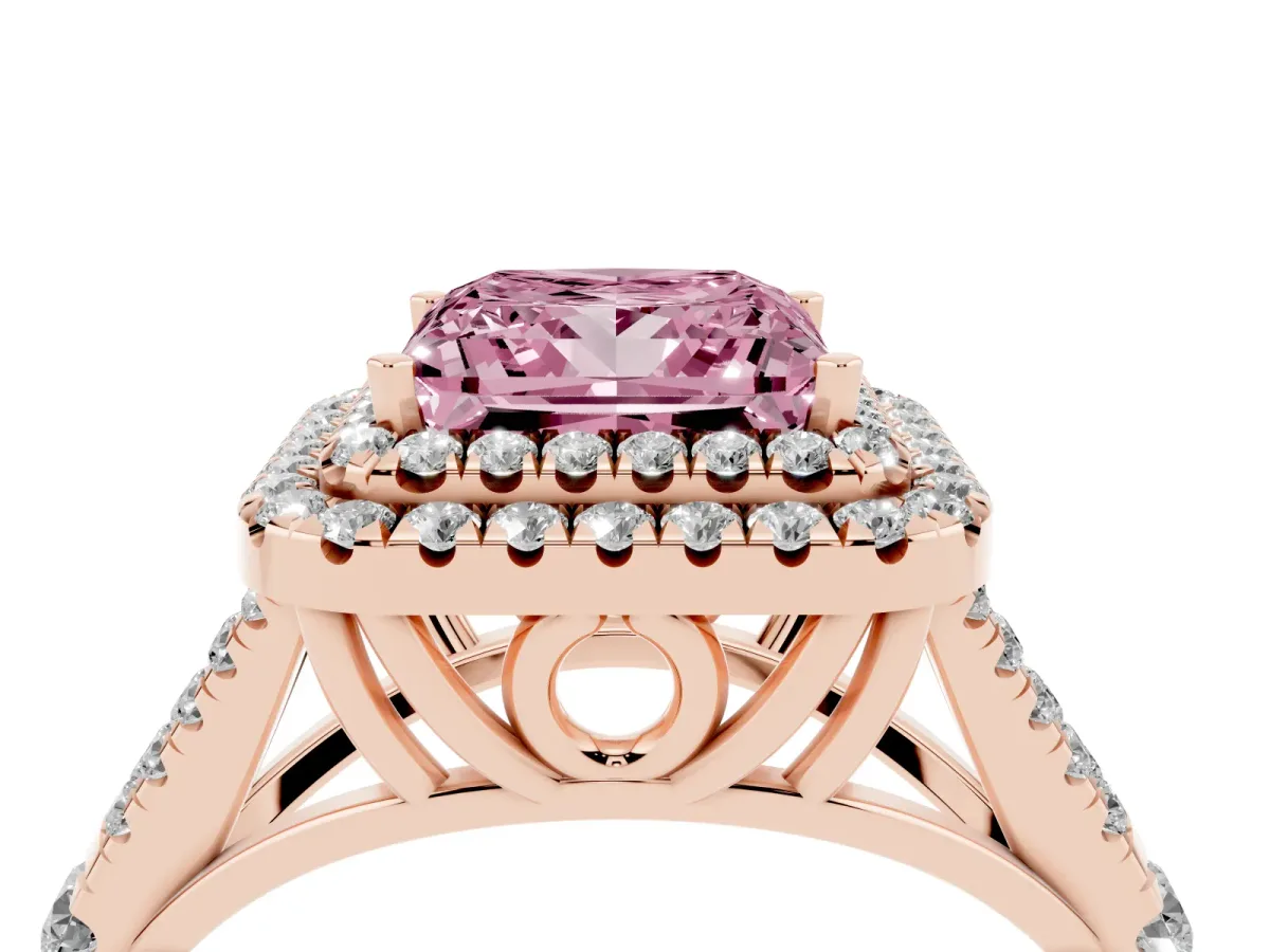 Fancy Pink Double Halo Princess Cut Diamond Split Shank Engagement Ring with Four-Prong Setting Rose gold