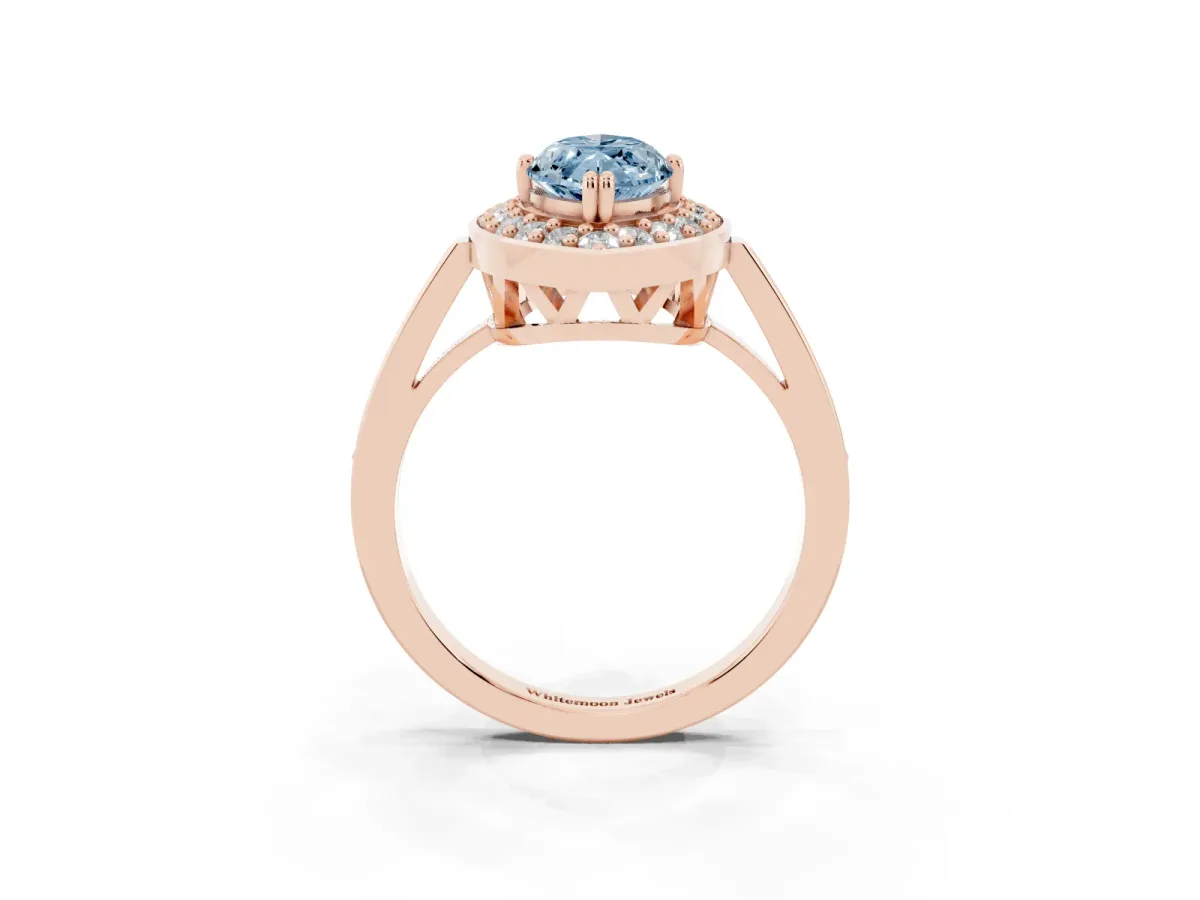 Fancy Blue Marquise Cut Diamond Halo Ring with Split Shank and Four-Prong Setting Rose gold