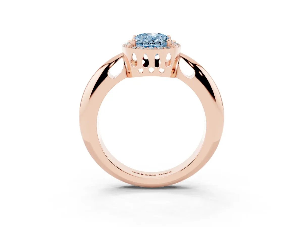 Fancy Blue Oval Cut Cut Diamond Halo Engagement Ring with Split Shank and Four-Prong Setting Rose gold