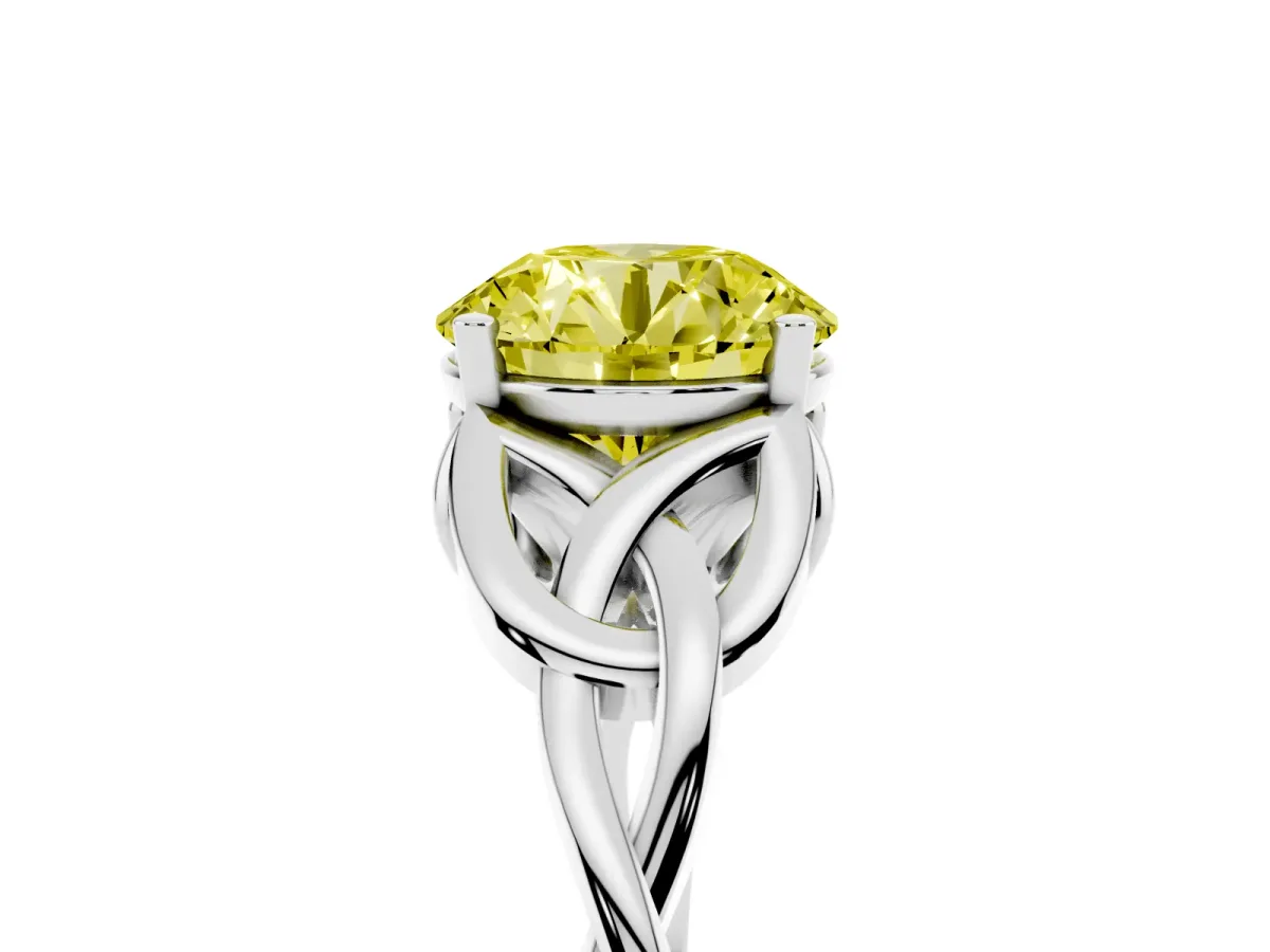 Fancy Yellow Round Cut Diamond Solitaire Engagement Ring with Celtic Knot Band and Four-Prong Setting White gold